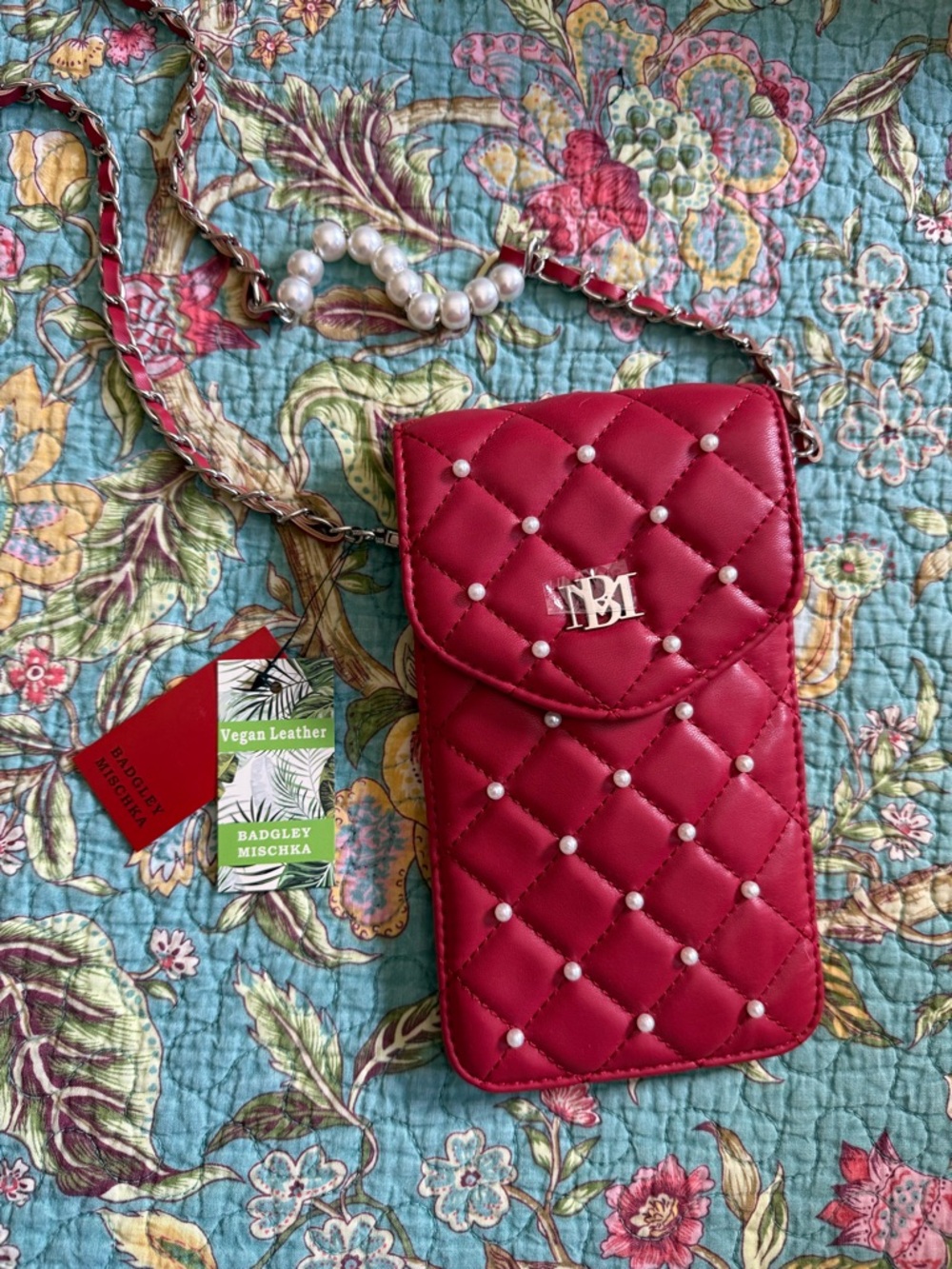 Badgley Mischka Red Pearls Strap Phone Case w/Diamond quilting and pearls. NWT
